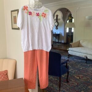 Alfred Dunner 2 Piece Sweater Large & Coordinating Peach Elastic Waist Pants 12